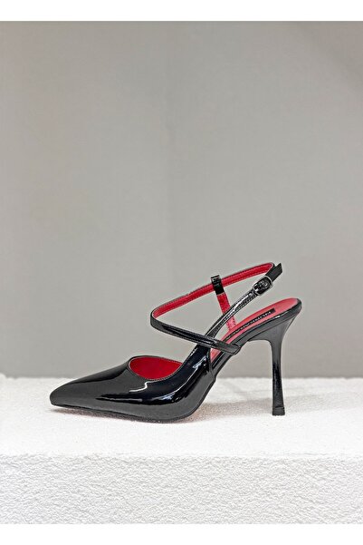 NUR KARACA Y-402 حذاء نسائي مفتوح من الخلف بحزام 9 سم حذاء بكعب رفيع U ستيليتو