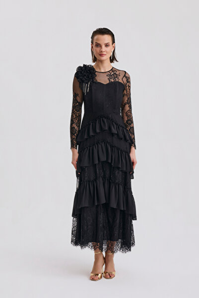 Dizayn Ella Şık Volan Detaylı Dantel Elbise- EL-4518