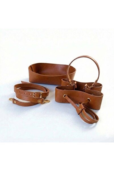 Ritzz Faux Leather Ruched Bag Set of 4 Pieces with Gold Accessories - Tan