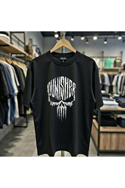 playwear Punısher yazılı Kuru Kafa Baskılı %100 Pamuk Oversize Bol Kalıp Regu...