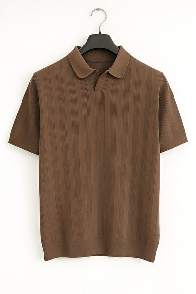 Edwox Ανδρικό πλεκτό μπλουζάκι με ανοιχτό γιακά καφέ Cd103