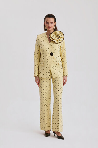 Dizayn Ella Puantiye Desenli Takım Elbise – 3D Çiçek Aplikeli Blazer Ceket ve...