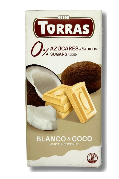 TORRAS Ciocolata alba cu nuca de cocos fara zahar si fara gluten, Torras, 75g