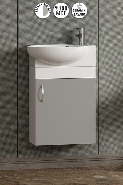 ÖZCEDEN Lale 45 cm Beyaz-Sis Gri MDF Seramik Lavabolu Asma Alt Banyo Dolabı