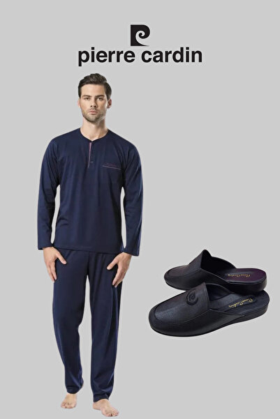 Pierre Cardin Men's Navy Blue Cotton Piece Dowry Boxed Pajama Set, Slipper Sets
