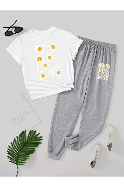 Flow touch Daisy Printed Oversized top and bottom tracksuit set