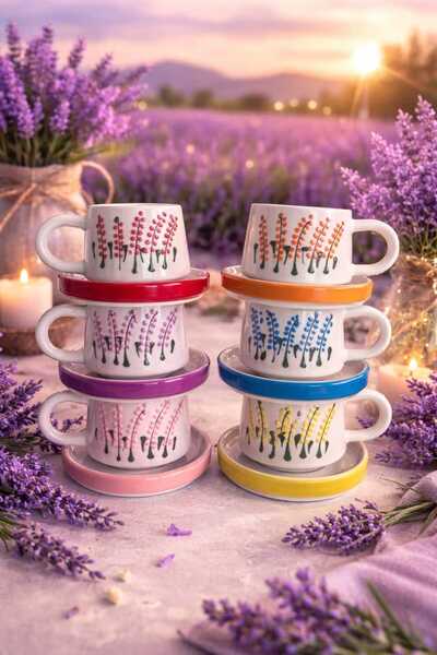 CEYU SERAMİK Lavanta Desenli Seramik Kahve Kupa Seti (6’lı) – Renkli Altlıklı...