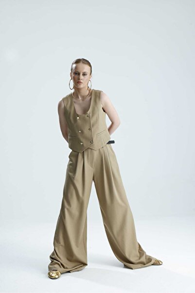 GACA COLLECTION HİLA Palazzo Premium Bej Pantolon