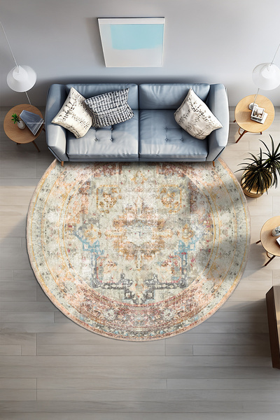 BigArts Home Kiremit Mavi Etnik Desenli Kaymaz Taban Şönil Salon Halısı Mutfa...