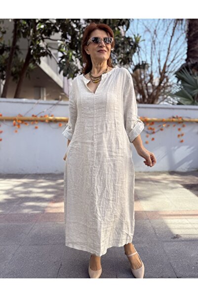 DenizEge إيطالي رايت رايكليست كي كتان فستان تاش