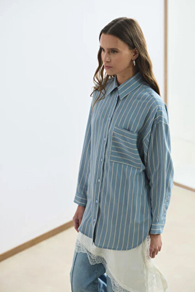 Lale Butik Kadriye Baştürk Oversized Striped Shirt 210 Light Blue