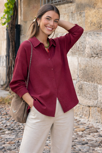 COMBİNE MİCHAİL Women's Cotton Pack Long Sleeve Oversized Claret Red Shirt