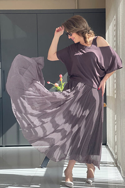 MİSLİNA BUTİK Puantiye Desen Piliseli Kahve Elbise