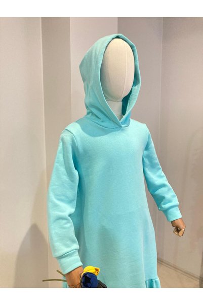 UHDE STORE Girl's Turquoise Hooded Ruffle Cotton Sweat Dress