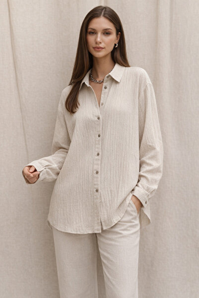 COMBİNE MİCHAİL Women's Basic Long Sleeve Loose Beige Shirt