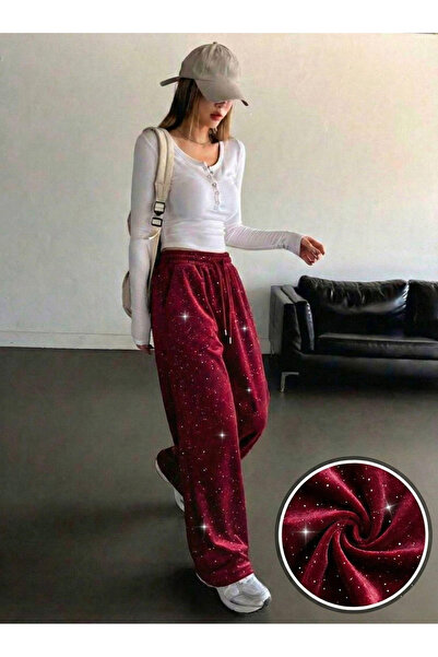 Bravebell Glow Silvery Glitter Stone Detailed Baggy Sweatpants