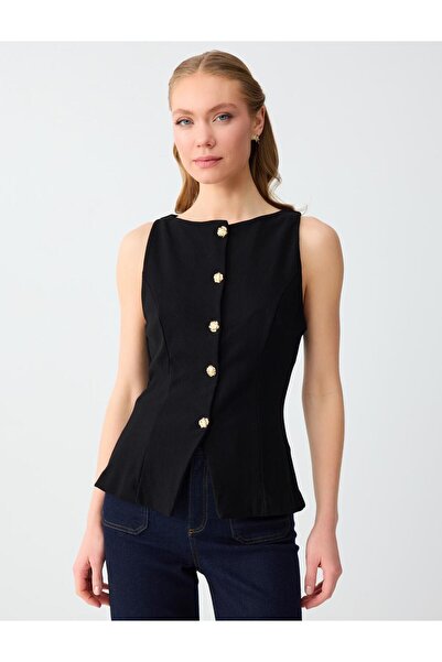 Jimmy Key Black Slim Fit Shiny Buttoned Knitted Vest