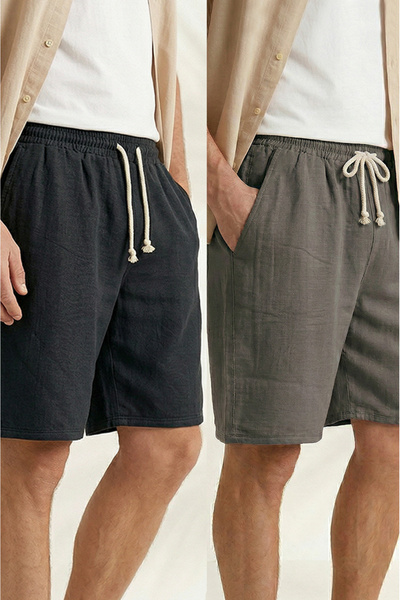 Sizce Moda Men's 2-Pack Black - Smoked 100% Cotton Linen Muslin Shorts Comfor...