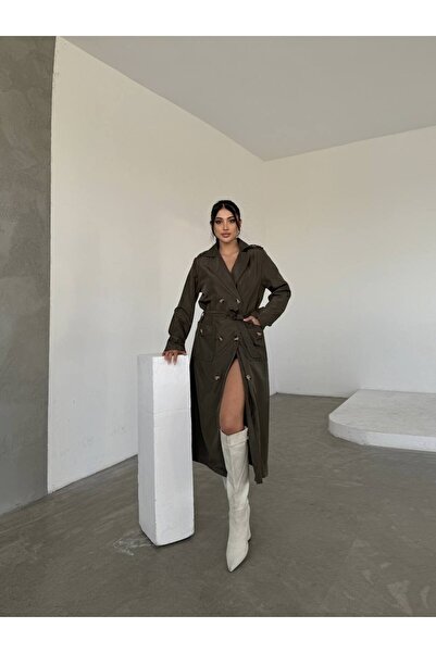 ozelia Belted Long Khaki Trench Coat – Buttoned, with Slit Detail