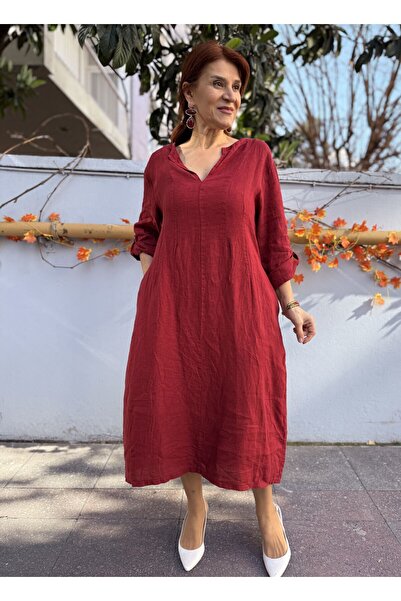 DenizEge Italian Back Elastic K Linen Dress Burgundy