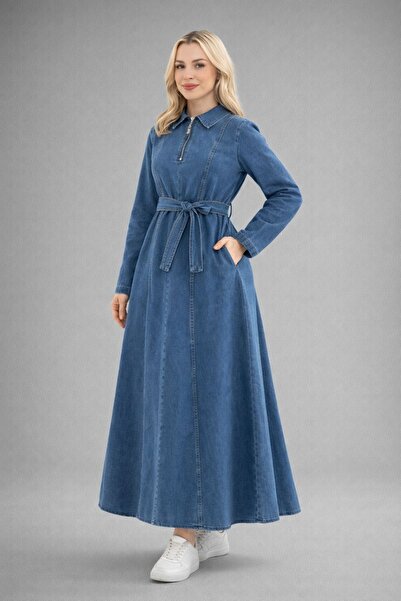 Women's Half Zipper Denim Jeans Dress YZ2615