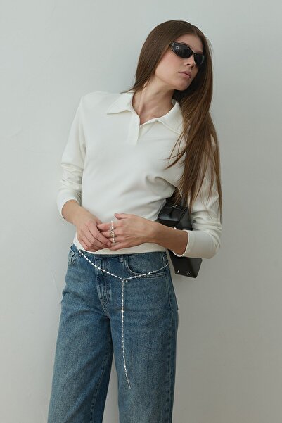 Suud Collection Ekru Nog Polo Yaka Uzun Kollu Tişört