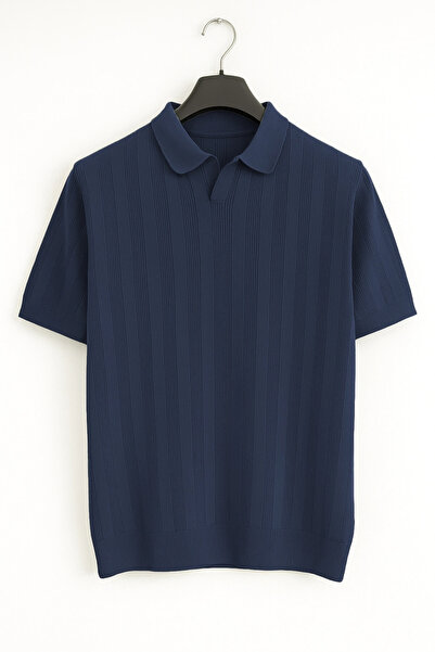 Edwox Ανδρικό πλεκτό μπλουζάκι με ανοιχτό γιακά, μπλε ναυτικό Cd103