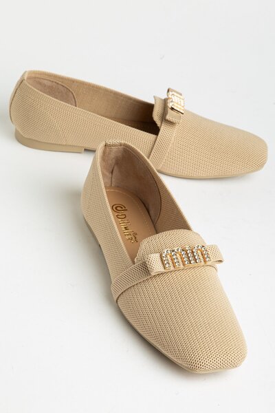Dilimler Ayakkabı Pantofi de damă balerini din material textil bej, cu vârf r...