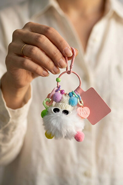 Elika Silver Peluş Ponpon Kalp Detaylı Sevimli Çanta Charmı, Anahtarlık