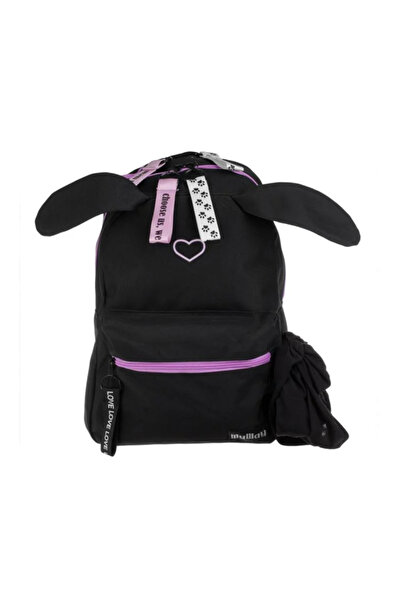 My Way Black Backpack with Rabbit Ears, Lilac Heart, Keychains and Black Bandana