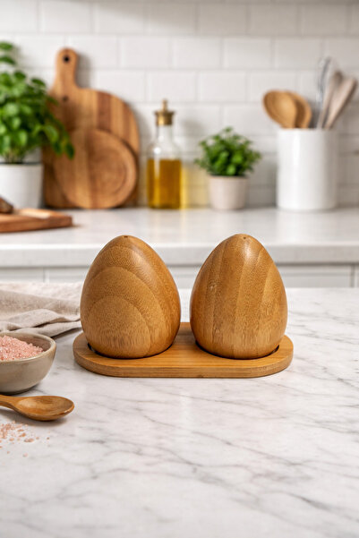 MAKRİ HOME Bambu Tuzluk & Karabiberlik Seti, Damla Tasarım, Stantlı– Doğal Ba...