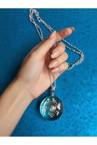 naturel glow Dogal Taş Detaylı turkuaz renk özel el işçiliği Spiral Mavi Koly...