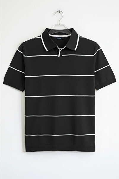 Edwox Ανδρικό πλεκτό μπλουζάκι με ανοιχτό γιακά Ριγέ Μαύρο Cd151