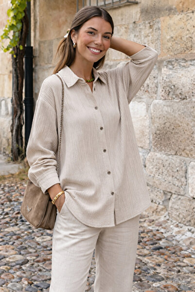 COMBİNE MİCHAİL Women's Cotton Long Sleeve Oversized Beige Shirt