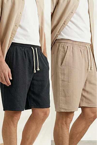 Sizce Moda Men's 2-Pack Black - Beige 100% Cotton Linen Muslin Shorts Comfort...
