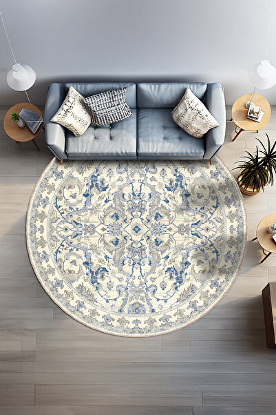 BigArts Home Mavi Eskitme Desenli Modern Şönil Kilim Kaymaz Taban Salon Kilim...
