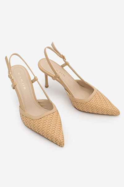 Marjin حذاء نسائي بكعب ستيليتو مدبب ومفتوح من الخلف بنمط محبوك حذاء بكعب أريس...