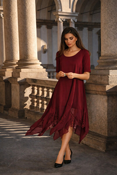 Laranor Bordo Rahat Kesim U Yaka Etek Ucu Asimetrik Şifon ve Dantel Detay Tas...