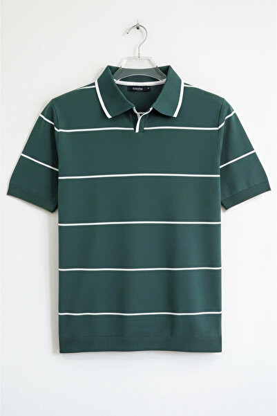 Edwox Ανδρικό πλεκτό μπλουζάκι με ανοιχτό γιακά Ριγέ Πράσινο Cd151