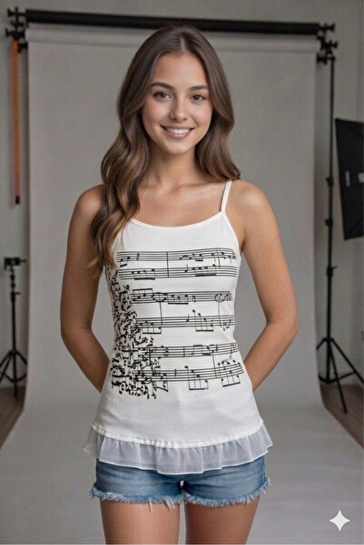 Köstebek Basic Blouse with Music Note Straps, Pack of Lace