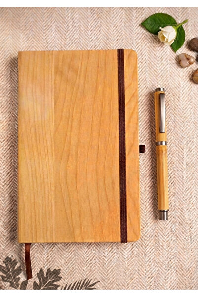 Ajanda Dünyası Ahşap Desenli Şık Tasarım Lastikli Defter – Kalem Bambu
