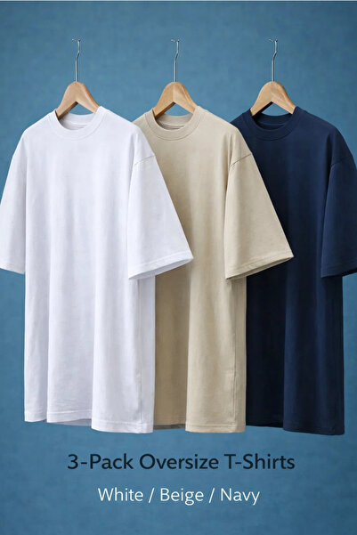 COMBİNE MİCHAİL Men's Basic Short Sleeve Oversized 3-Piece T-Shirt