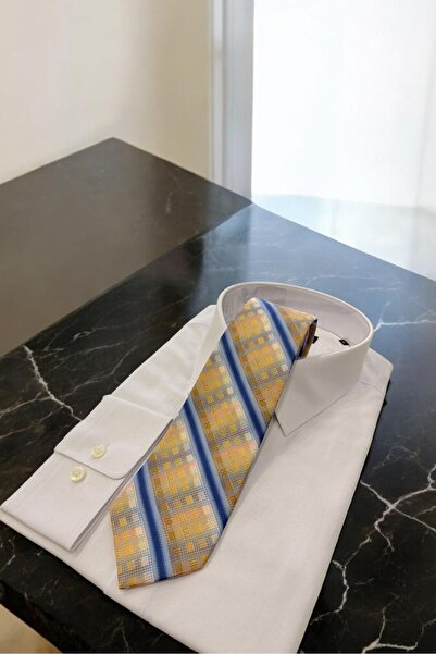 Sarar Microfibre 8 cm Striped Plaid Li Beige-Blue Tie Kr-72