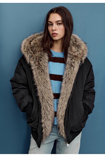 Butik Allbucks Stradi Varius Hooded Faux Fur Lined Puffer Bomber Jacket Abstr...