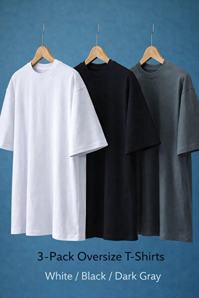 COMBİNE MİCHAİL Men's Basic Short Sleeve Oversized 3-Piece T-Shirt