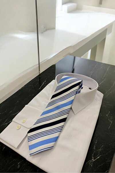 Sarar Microfibre 8 cm Striped White-Light Blue-Navy Blue Tie Kr-73