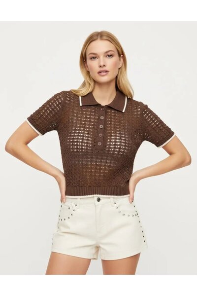 Park Karon Women's Polo Collar Knitted Detail Buttoned Knitwear Sweater 8717Sw