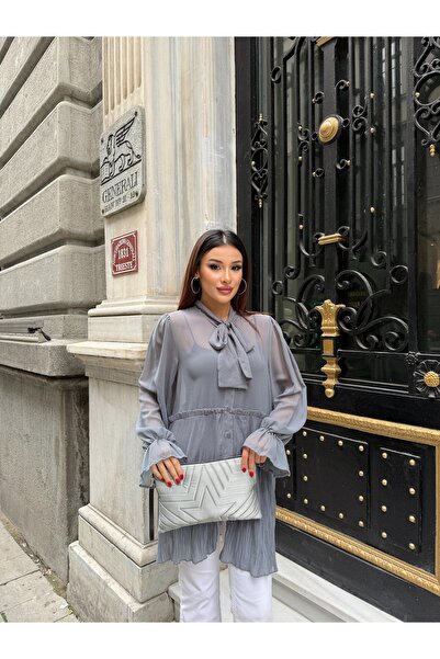 ikomteks Tie Collar Pleated Detailed Chiffon Dress