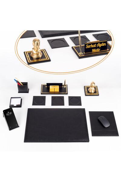 Ofistike Opta 10 Parça Atatürk Biblolu Siyah Deri Sümen Seti Takımı Gold Kale...
