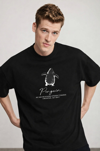 COMBİNE MİCHAİL Men's Penguin Printed Short Sleeve Black Oversized T-Shirt